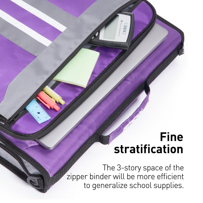 Kinbashi 2-Inch 3 Rings Zipper Binder, Holds 15-Inch Laptop, Handle and Shoulder Strap Included, Purple - Image 4